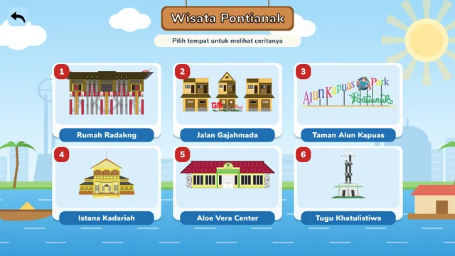 Menu Wisata Pontianak berisi Rumah Radakng, Jalan Gajahmada, Taman Alun Kapuas, Istana Kadariah, Aloe Vera Center, dan Tugu Khatulistiwa.